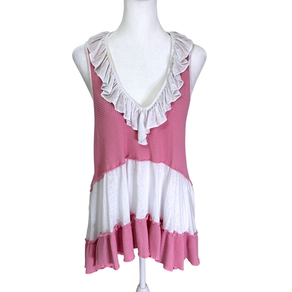 POL Waffle Knit Tank Top Women Medium Pink White Ruffle Tiered Boho FKT554 - Picture 7 of 11